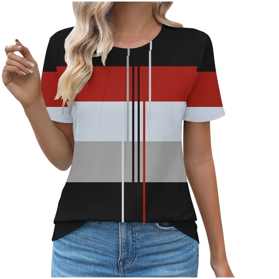 Cmfcve Women's Plus Size Summer Tops Round Neck Casual Gauze Shirts Short Sleeve Patchwork Fitness Blouse