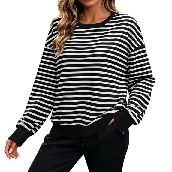 Cmfcve Women’s Plus Size Sweatshirts Striped Color Block Crew Neck Pullover Tops Long Sleeve Casual Shirts