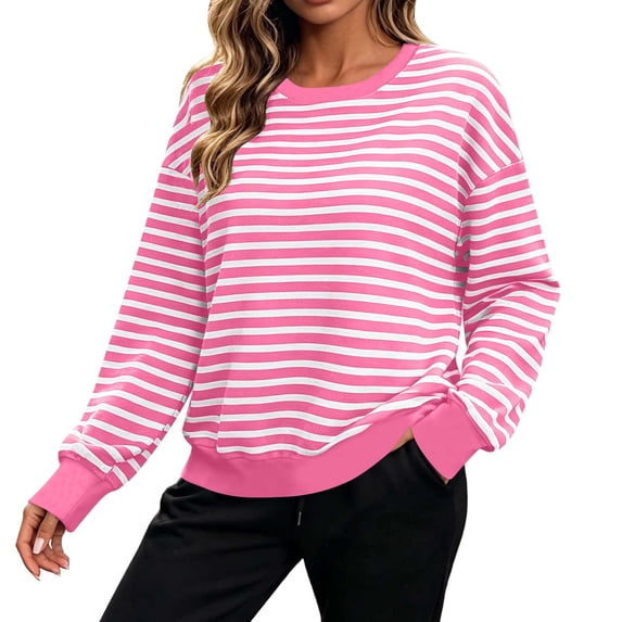 Cmfcve Women’s Plus Size Sweatshirts Striped Color Block Crew Neck Pullover Tops Long Sleeve Casual Shirts