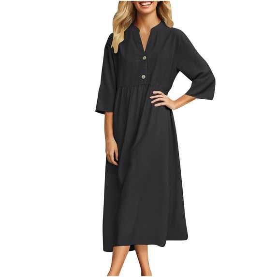 Cmfcve Plus Size Work Dresses for Woman 3/4 Long Sleeves V-Neck A-line T-Shirt Dress Vintage Loose Fit 0ffice Professional Dress
