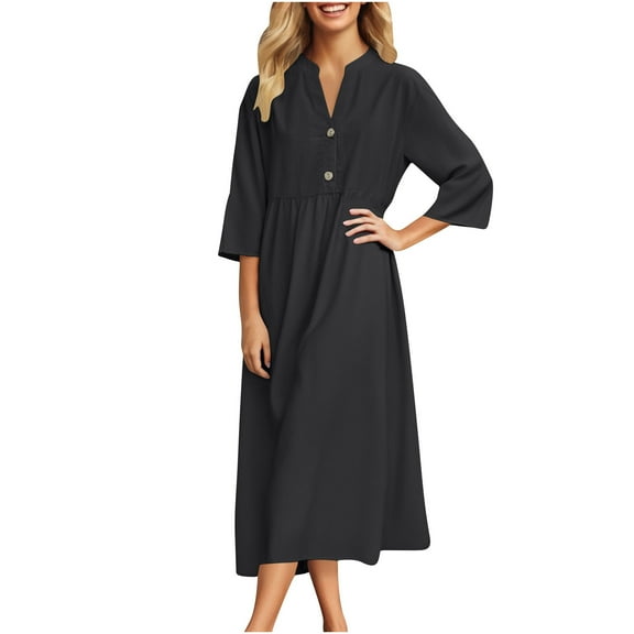Cmfcve Women's Plus Size 3/4 Sleeve A-line T-shirt Dress for Work V-Neck Black Party Shirt Dress Vintage Loose Fit Office Professional Dress