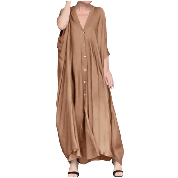 Cmfcve Women's Plus Size T-Shirt Dress Simple Versatile Satin Dress V-Neck 3/4 Long Sleeves Cardigan Dresses with Button