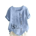 thumbnail image 1 of Cmfcve Women's Plus Size Tee Shirt Short Sleeve Round Neck Cotton Linen Tops Printed Button Henley Blouse, 1 of 5