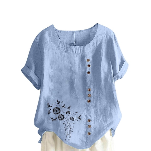 Cmfcve Women's Plus Size Tee Shirt Short Sleeve Round Neck Cotton Linen Tops Printed Button Henley Blouse