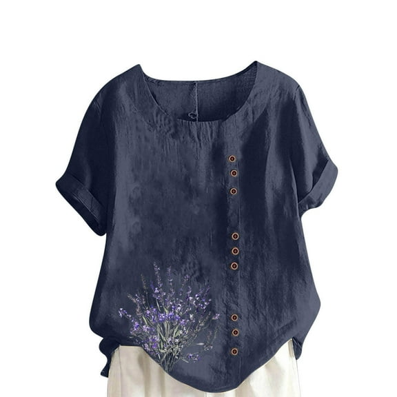 Cmfcve Women's Plus Size Tee Shirt Short Sleeve Round Neck Cotton Linen Gauze Tops Lavender Printed Henley Button Blouse