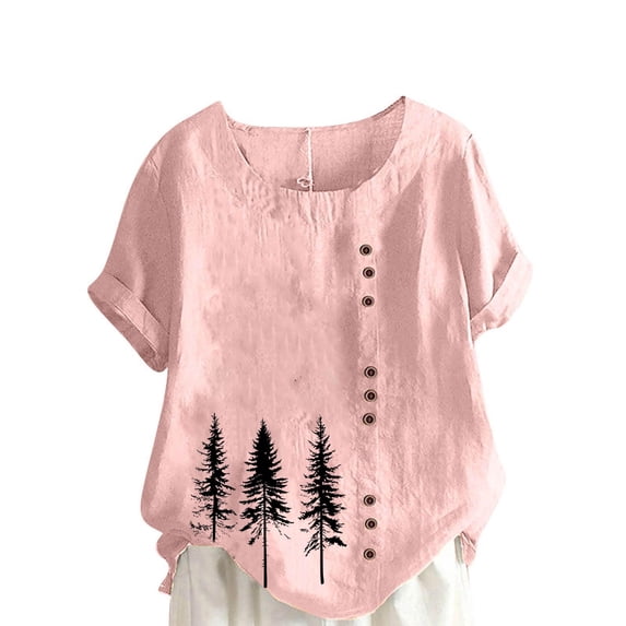 Cmfcve Women's Plus Size Tee Shirt Short Sleeve Round Neck Cotton Linen Gauze Tops Spruce Printed Henley Button Blouse