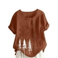 thumbnail image 1 of Cmfcve Women's Plus Size Tee Shirt Short Sleeve Round Neck Cotton Linen Gauze Tops Spruce Printed Henley Button Blouse, 1 of 5