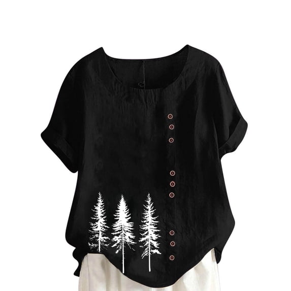 Cmfcve Women's Plus Size Tee Shirt Short Sleeve Round Neck Cotton Linen Gauze Tops Spruce Printed Henley Button Blouse