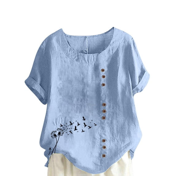 Cmfcve Women's Print Tops Breathable Henley Blouse with Button Short Sleeve Round Neck Cotton Linen Tee Shirt