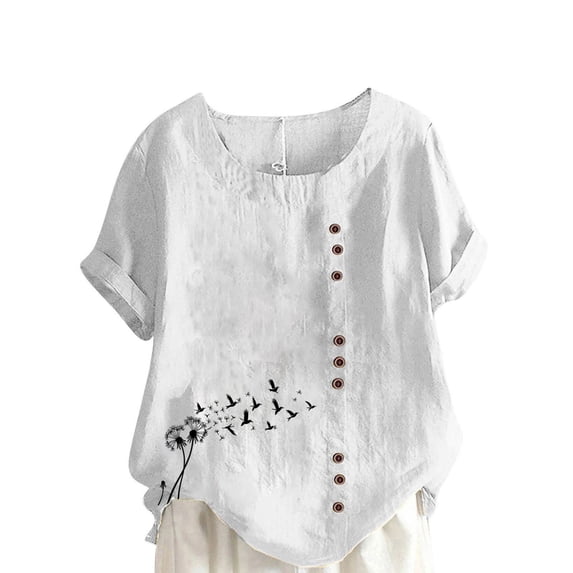 Cmfcve Women's Print Tops Breathable Henley Blouse with Button Short Sleeve Round Neck Cotton Linen Tee Shirt