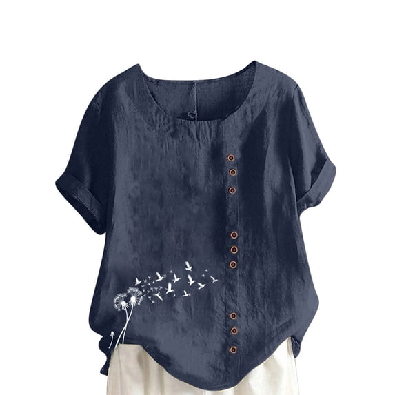 Cmfcve Women's Print Tops Breathable Henley Blouse with Button Short Sleeve Round Neck Cotton Linen Tee Shirt