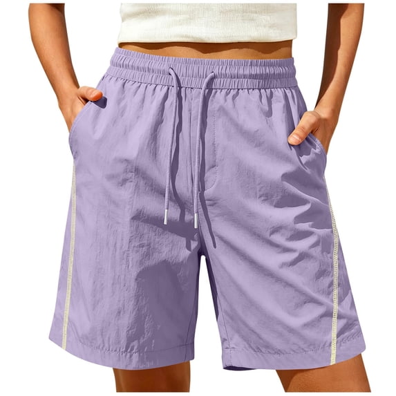 Cmfcve Women's Quick Dry Athletic Walking Shorts Drawstring Elastic Waist Knee Length Bermuda Shorts Side Strip with Pockets