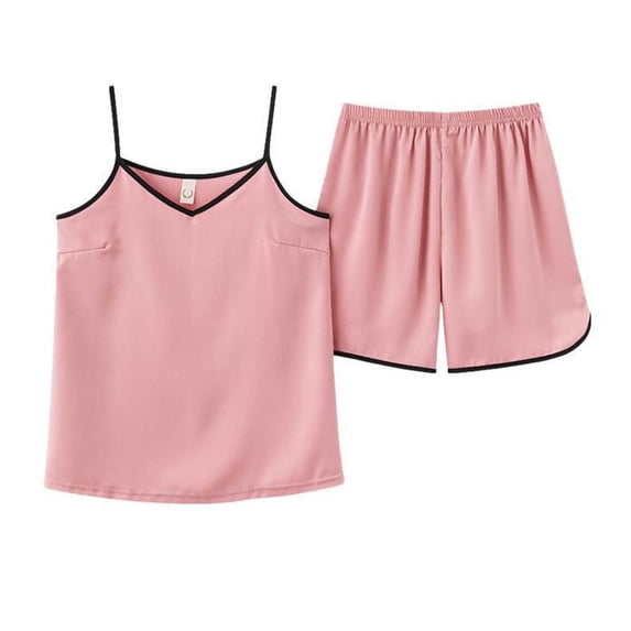 Cmfcve Women's Satin Cami Pajama Set V Neck Spaghetti Strap Top and Shorts Loungewear Set Silky Soft 2 Piece Summer Sleepwear Set