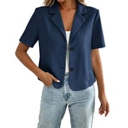 Cmfcve Womens Short Sleeve Blazer Notched Lapel Business Casual Cropped Suit Jacket Open Front Button Down Suit Blazer