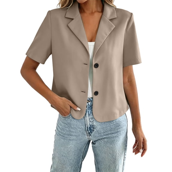 Cmfcve Women's Short Sleeve Blazer Notched Lapel Business Casual Cropped Suit Jacket Open Front Button Down Suit Blazer
