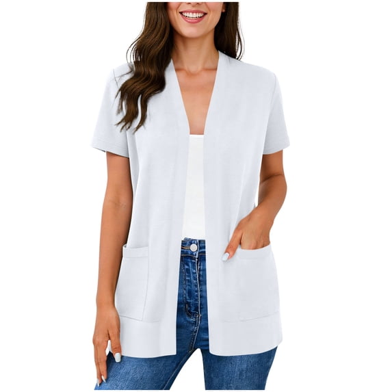 Cmfcve Women's Short Sleeve Cardigans Lightweight Open Front Kimonos Casual Summer Cover Up Tops with Pockets