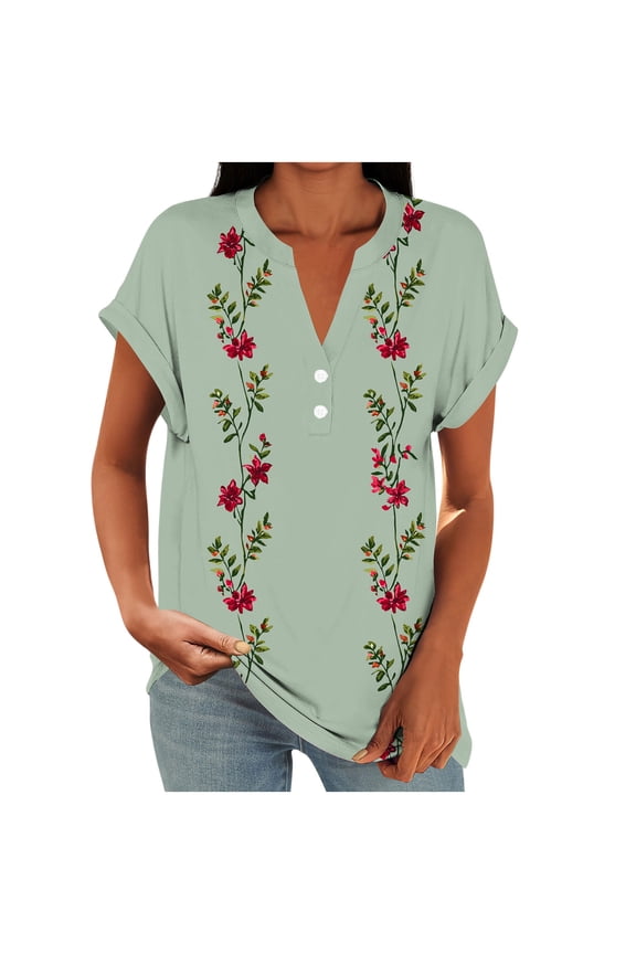 Women's Short Sleeve Henley Tops Floral Print Dressy Casual Blouses Summer Trendy Tee Shirts 2026