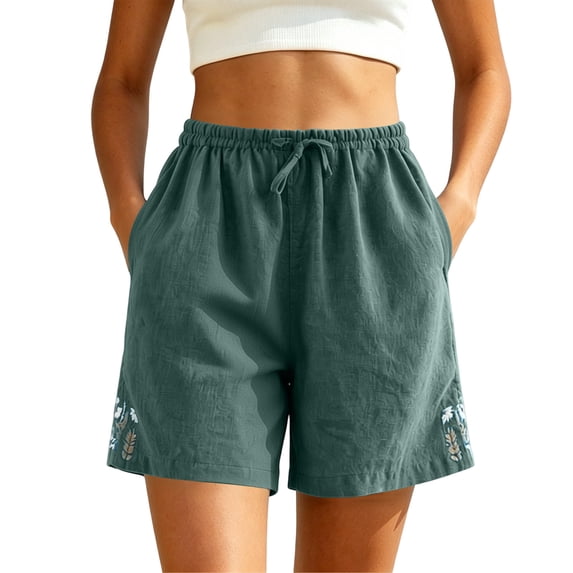 Cmfcve Women's Shorts Cotton Linen Casual Drawstring High Waist Shorts Floral Embroidery Loose Fit Summer Shorts with Pockets