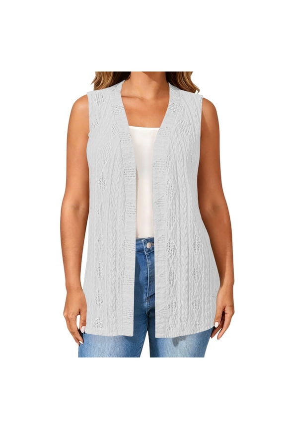 Women's Sleeveless Knit Cardigans Plus Size Open Front Mid Length Dusters Fall Casual Loose Fit Layering Waistcoats