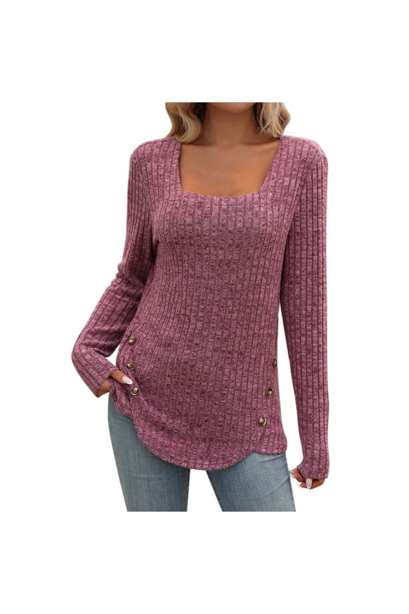 Women's Slimming Base Layer Sweaters Long Sleeve Square Neck Pullover Knit Top Solid Color Button Ribbed Knitwear Jackets