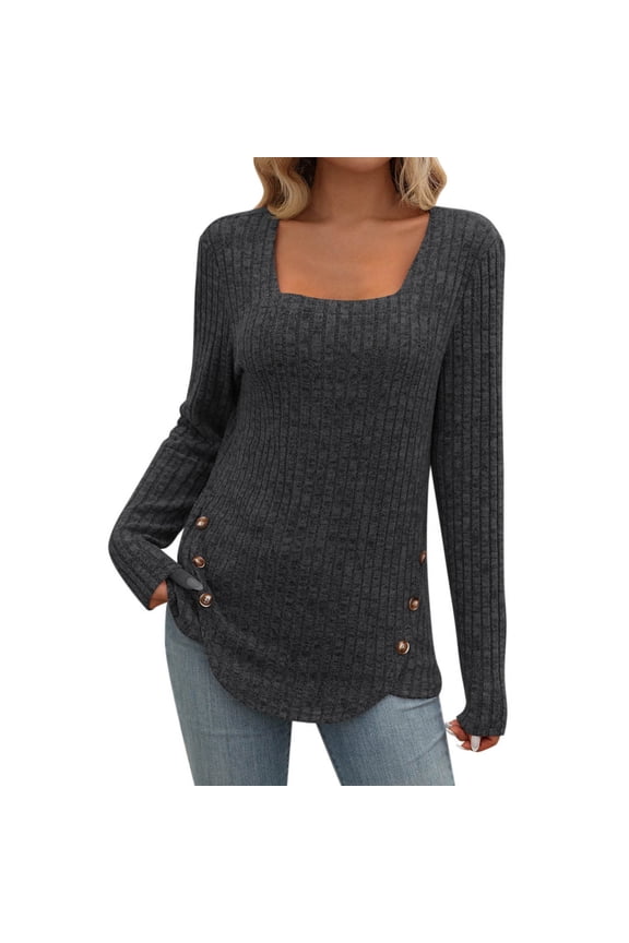 Women's Slimming Base Layer Sweaters Long Sleeve Square Neck Pullover Knit Top Solid Color Button Ribbed Knitwear Jackets