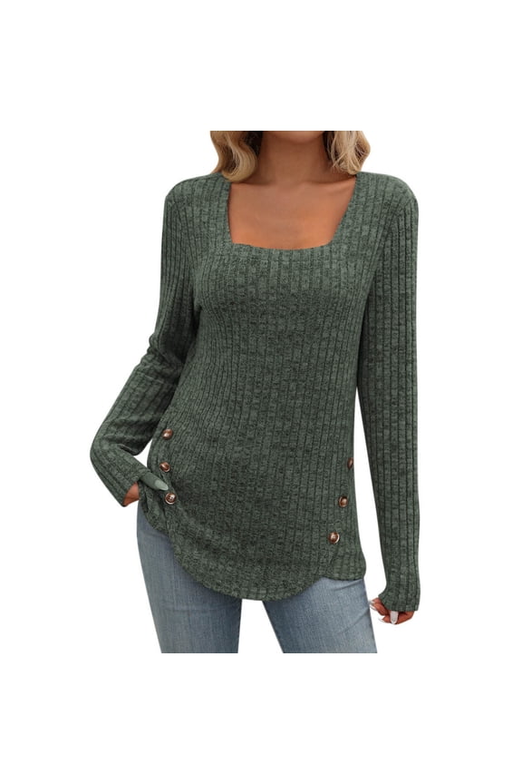 Women's Slimming Base Layer Sweaters Long Sleeve Square Neck Pullover Knit Top Solid Color Button Ribbed Knitwear Jackets