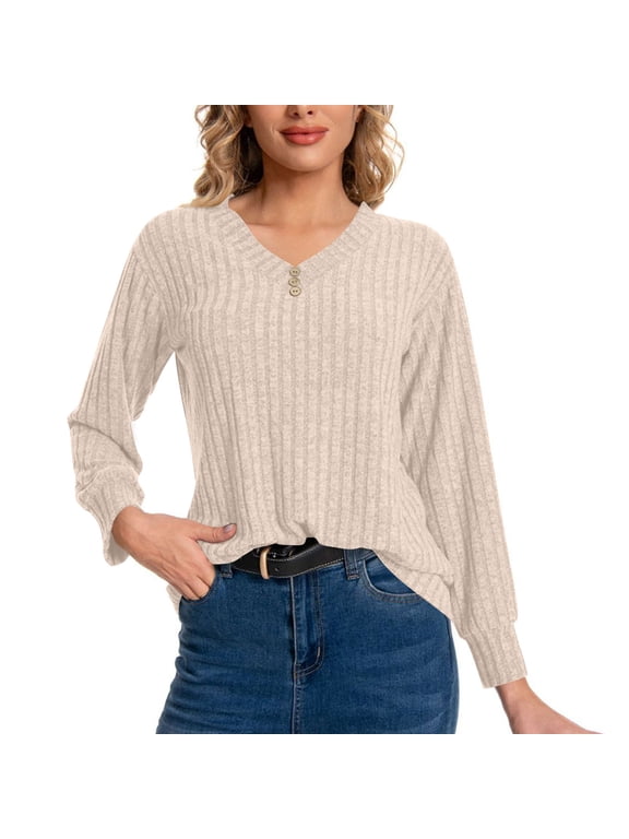 Women's Slouchy Sweater V-neck Commuter Work Knit Pullover Long Sleeve Dual-Use Sweater for Layering or Outerwear