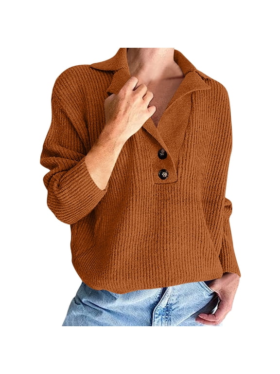 Women's Slouchy Sweaters V-Neck Button Down Lapel Knitwear Solid Color Long Sleeve Cozy Commuter Pullover