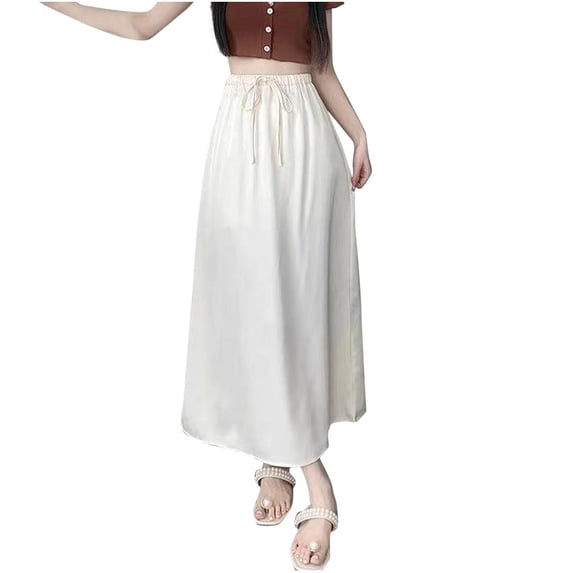 Cmfcve Women's Solid Color Satin A-Line Skirt, Medium High Waist Elastic Waist Drawstring Cover Up Skirt