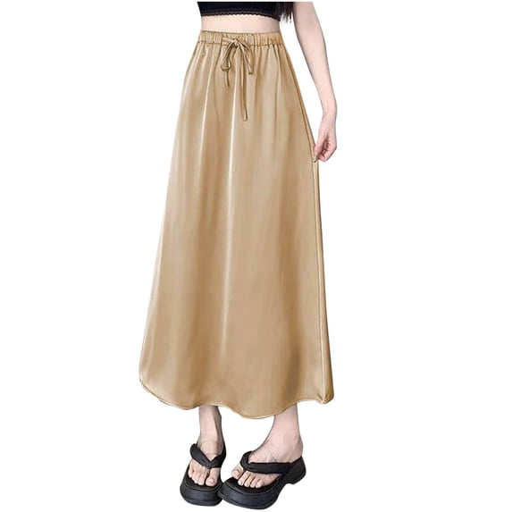 Cmfcve Women's Solid Color Satin A-Line Skirt, Medium High Waist Elastic Waist Drawstring Cover Up Skirt