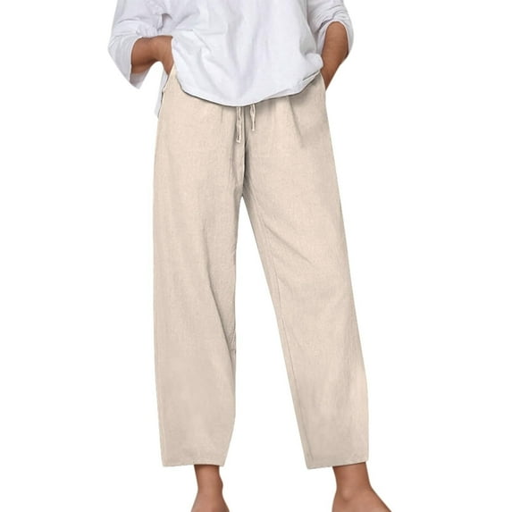 Cmfcve Women's Spring Autumn Sweatpants Solid Color Lacing Cotton Linen Trousers Straight Leg Casual Capri Pants