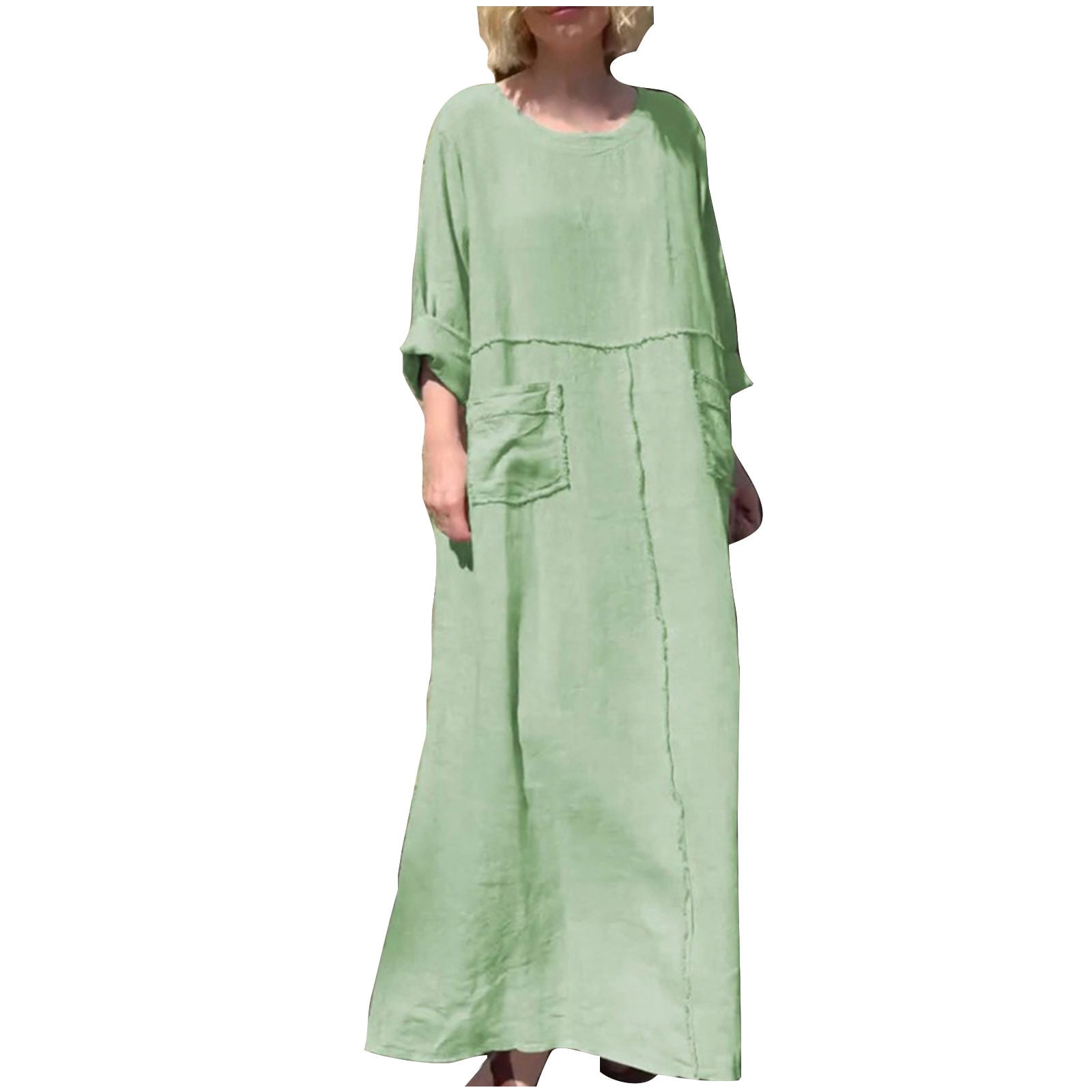 Cotton Linen Dress Round Neck Single Breasted Button Sleeves Drawstring Slit Mid Length Dress