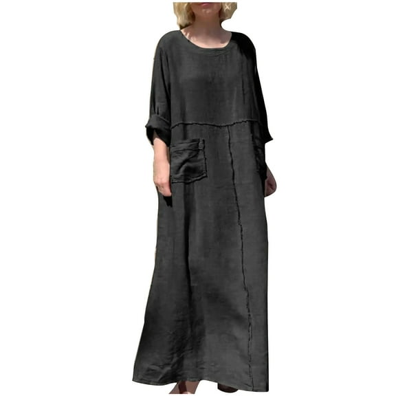 Cmfcve Women's Straight Dress Long Sleeve V-Neck Cotton Linen Dress Solid Color Loose Fit Midi Dresses with Pocket
