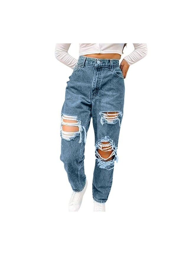 Baggy Distress Mom Jean for Woman Stretch Straight Leg Denim Pants Retro Soft Legging with Pockets