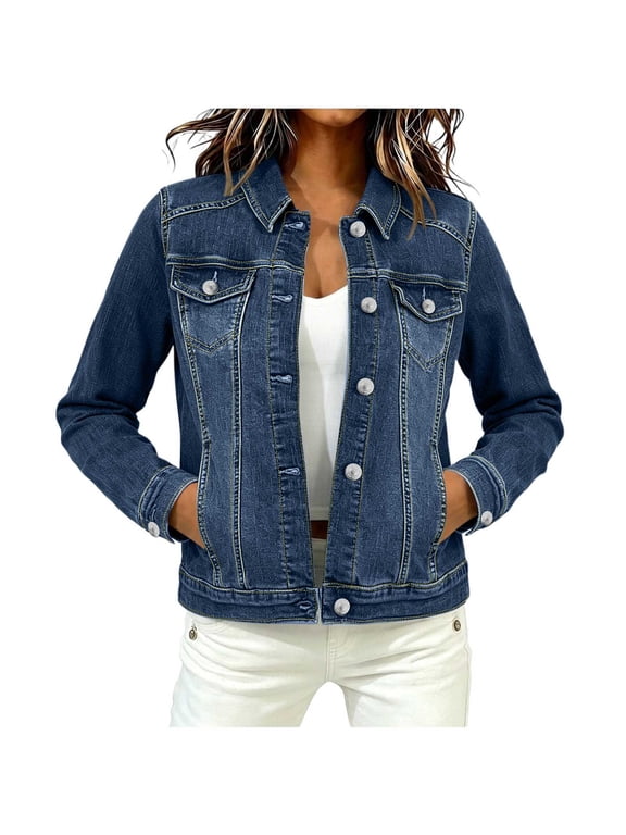 Women's Stretch Denim Jackets Long Sleeve Basic Button Down Crop Jean Shacket with Pockets