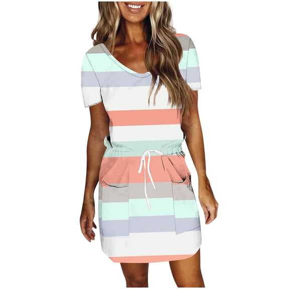 Cmfcve Stripe Midi Dresses for Women Short Sleeve Tie Front Bohemian Dress V-Neck Drop Waist Pinstripe Dresses with Pockets