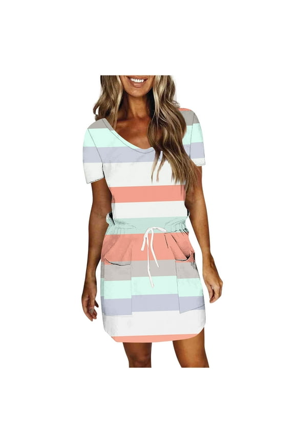 Stripe Midi Dresses for Women Short Sleeve Tie Front Bohemian Dress V-Neck Drop Waist Pinstripe Dresses with Pockets
