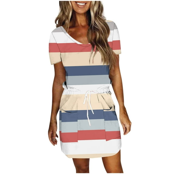 Cmfcve Stripe Midi Dresses for Women Short Sleeve Tie Front Bohemian Dress V-Neck Drop Waist Pinstripe Dresses with Pockets