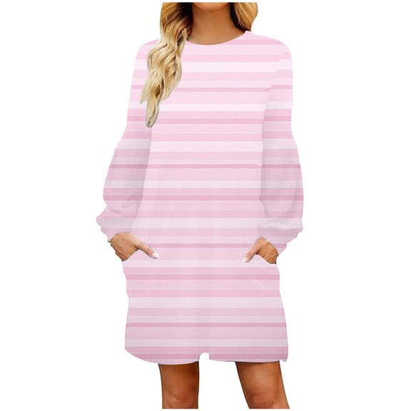 Cmfcve Women's Striped Dresses Long Sleeve Round Neck Printed Midi Dress Loose Fit Straight Maternity Casual Dresses