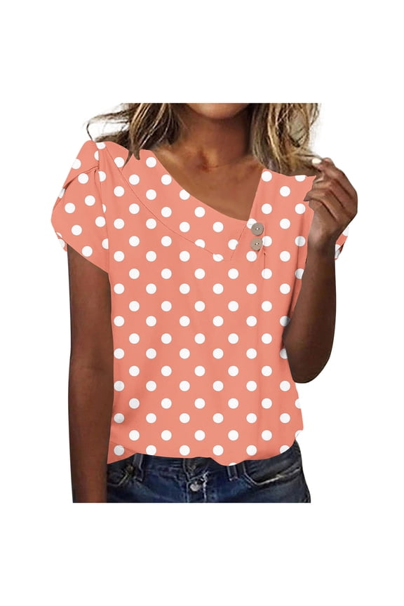 Women's Summer Business Work Blouses Short Sleeve Slant Neck Gauze Shirts e Polka Dot Breathable Henley Button T-shirt