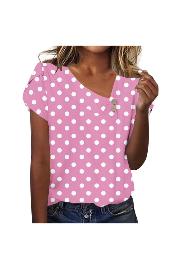 Women's Summer Business Work Blouses Short Sleeve Slant Neck Gauze Shirts e Polka Dot Breathable Henley Button T-shirt