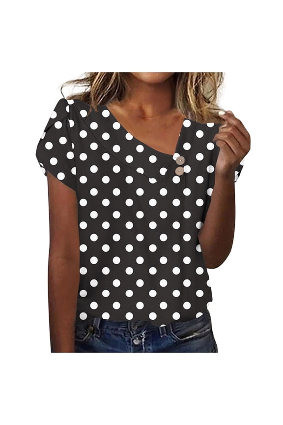 Women's Summer Business Work Blouses Short Sleeve Slant Neck Gauze Shirts e Polka Dot Breathable Henley Button T-shirt
