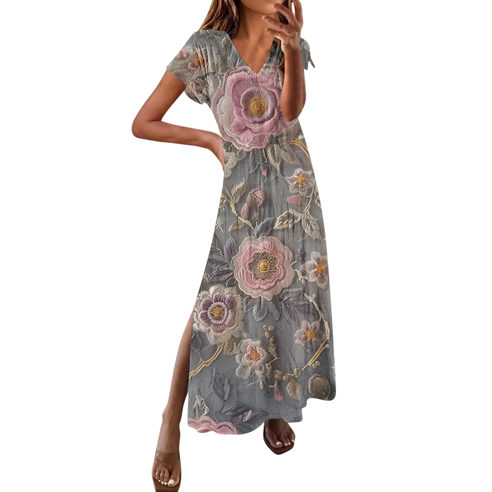 Cmfcve Women s Summer Floral Dresses Plus Size Hem Split Beach Vacation 