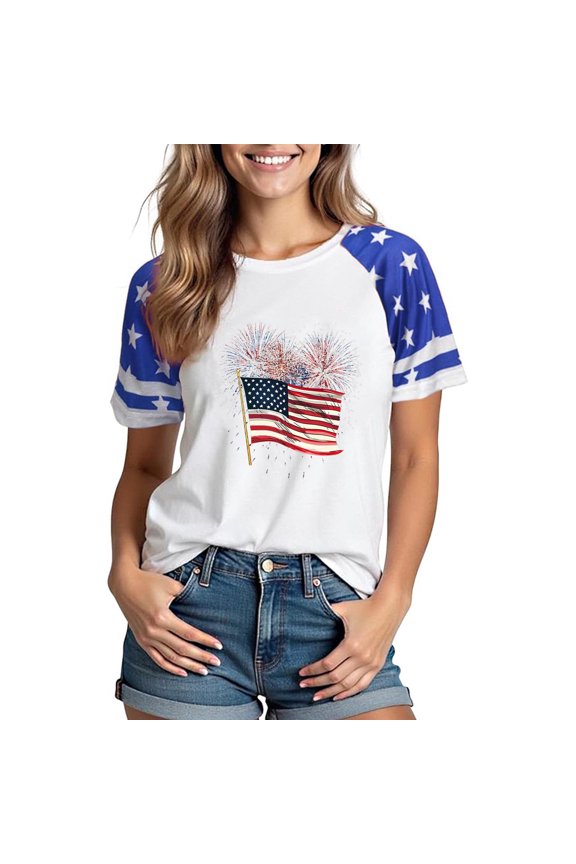 Women's Summer Graphic Tees Round Neck Plunge-cut Short Sleeves Gym Blouse Vintage Solid Color Independence Day Tunics
