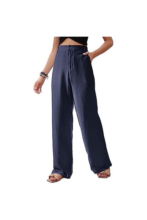 Women's Summer Linen Pants Wide Legged High Waisted Track Pants Straight Flowing Casual Beach Pants with Button