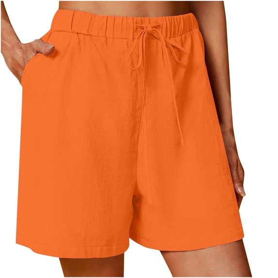 Cmfcve Women's Summer Linen Shorts Straight Elastic Waist Sports Shorts Wide Leg Pocket Beach Shorts