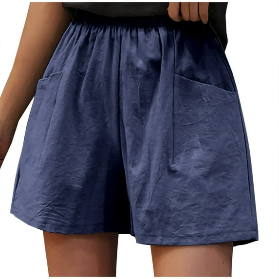 Cmfcve Women's Summer Linen Shorts Straight High Waist Beach Shorts Loose Pocket Wide Leg Shorts