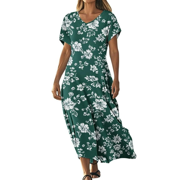Cmfcve Women's Summer Long Dresses Floral Printed Beach Vacation Dress Short Sleeve V-Neck Flowing Dress