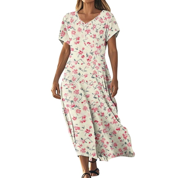 Cmfcve Women's Summer Long Dresses Floral Printed Beach Vacation Dress Short Sleeve V-Neck Flowing Dress