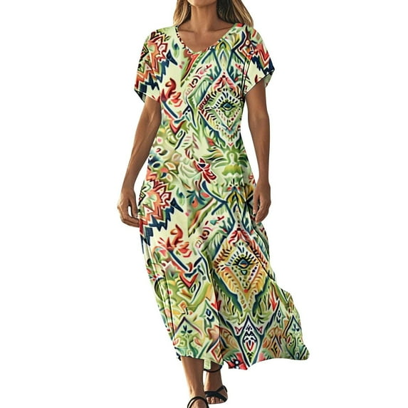 Cmfcve Women's Summer Long Dresses Vintage Printed Beach Vacation Dress Short Sleeve V-Neck Flowing Dress
